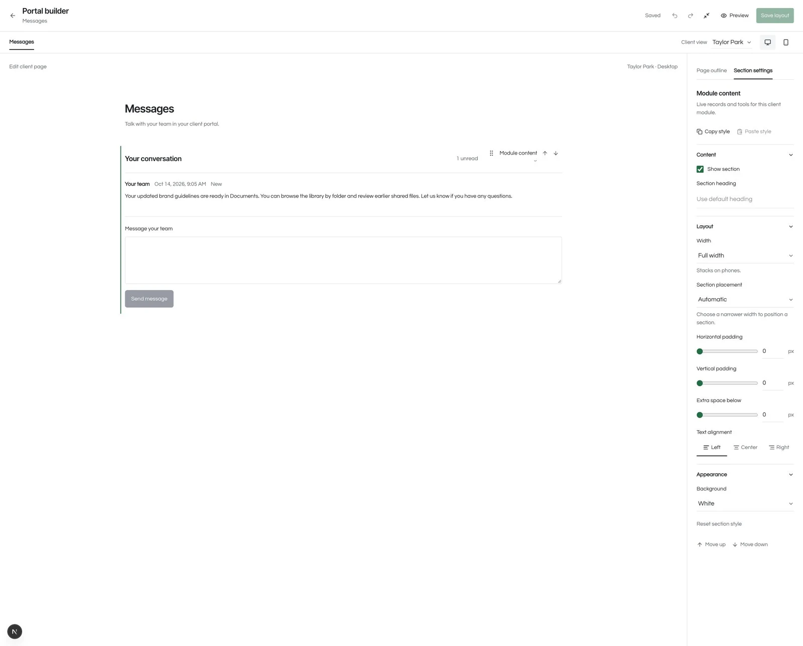 Full-screen Client Portal layout editor inside Seedly, showing the page and contextual section controls